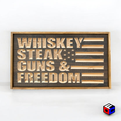 Whiskey Steak Guns & Freedom - Natural Engraved Sign