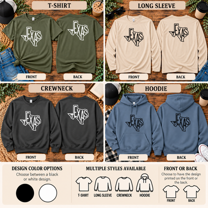 Texas State Outline | T-Shirt, Long Sleeve, Crewneck & Hoodie