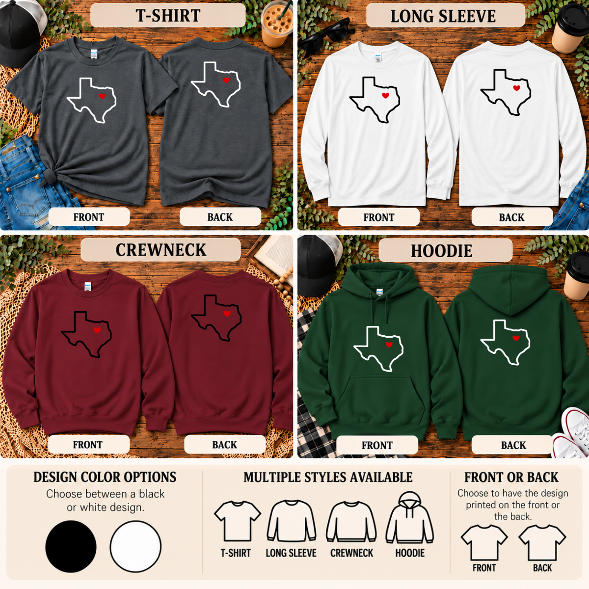 Texas Heart Dallas | T-Shirt, Long Sleeve, Crewneck & Hoodie