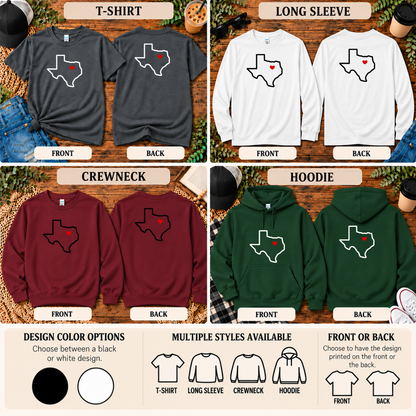 Texas Heart Dallas | T-Shirt, Long Sleeve, Crewneck & Hoodie