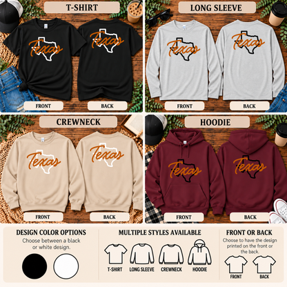 Texas State Script | T-Shirt, Long Sleeve, Crewneck & Hoodie