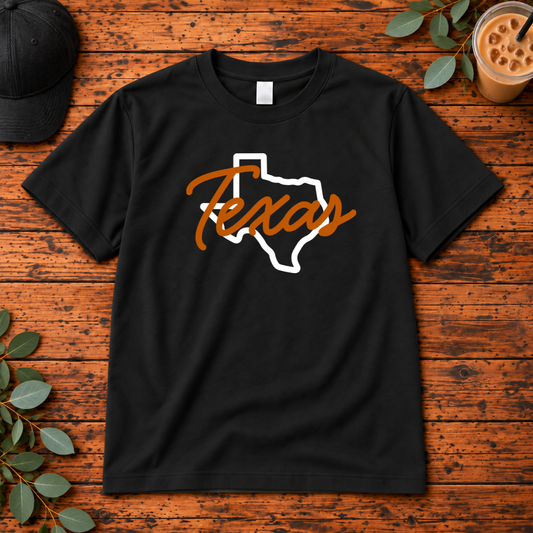 Texas State Script design on a single garment