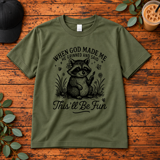 When God Made Me He Grinned Shirt | Funny Raccoon Graphic Apparel