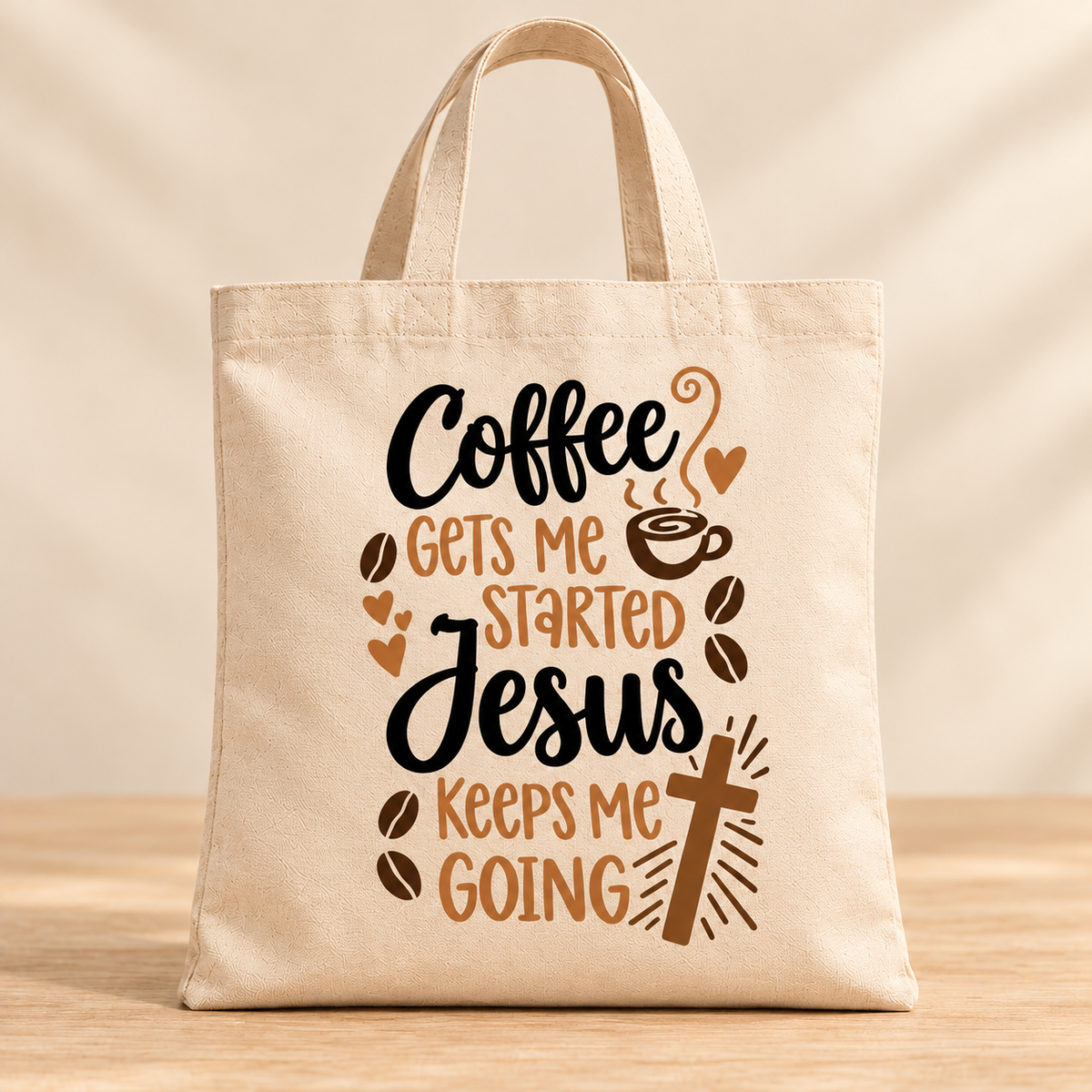 Coffee Gets Me Started Jesus Keeps Me Going — Beige Canvas Tote Bag