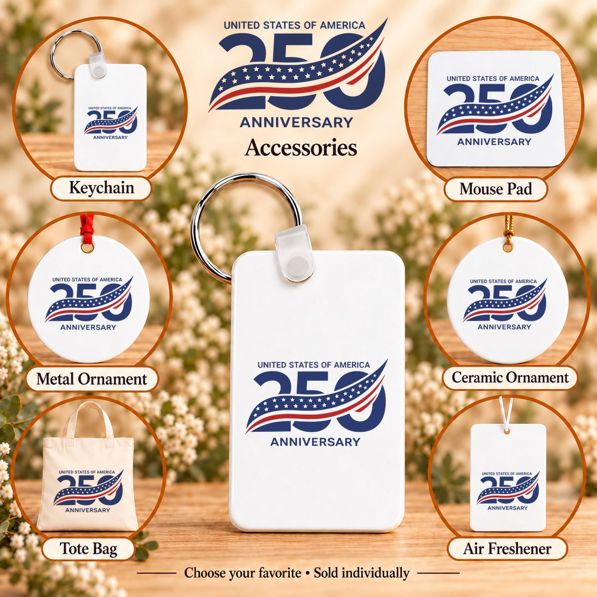 America 250th Anniversary — keychain, mouse pad, metal ornament, ceramic ornament, canvas tote and unscented air freshener overview; sold individually