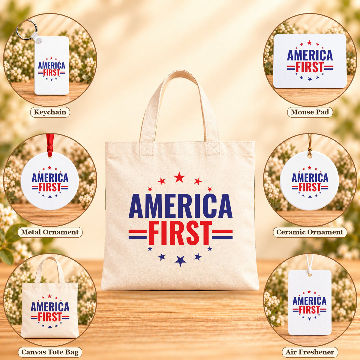 America First — keychain, mouse pad, metal ornament, ceramic ornament, canvas tote and unscented air freshener overview; sold individually