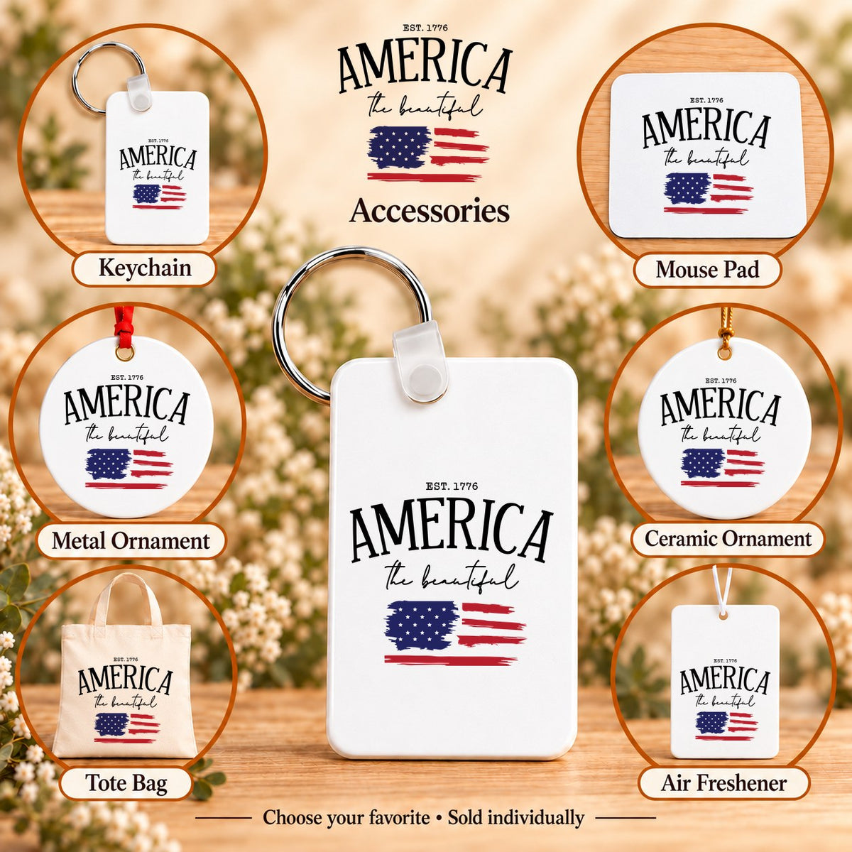 America the Beautiful — keychain, mouse pad, metal ornament, ceramic ornament, canvas tote and unscented air freshener overview; sold individually