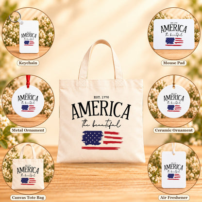 America the Beautiful — keychain, mouse pad, metal ornament, ceramic ornament, canvas tote and unscented air freshener overview; sold individually