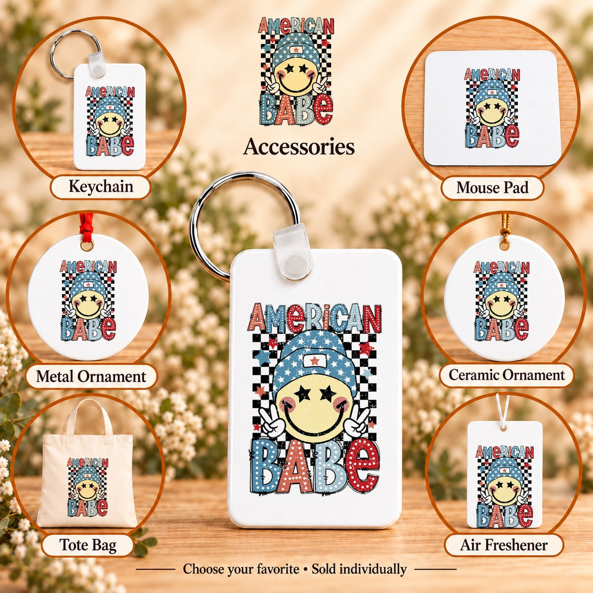 American Babe — keychain, mouse pad, metal ornament, ceramic ornament, canvas tote and unscented air freshener overview; sold individually