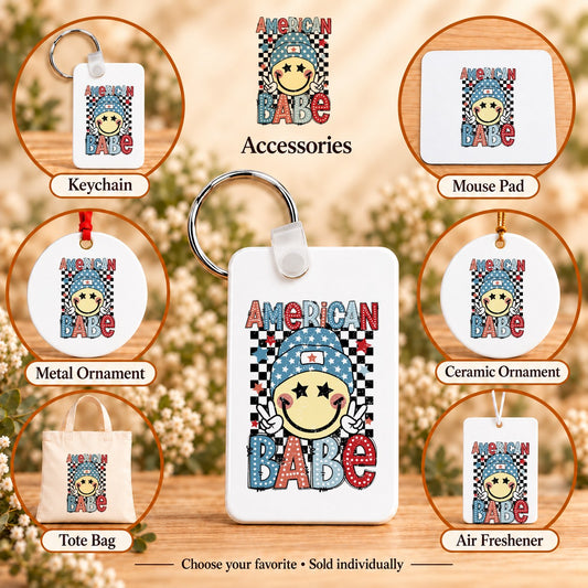 American Babe — keychain, mouse pad, metal ornament, ceramic ornament, canvas tote and unscented air freshener overview; sold individually