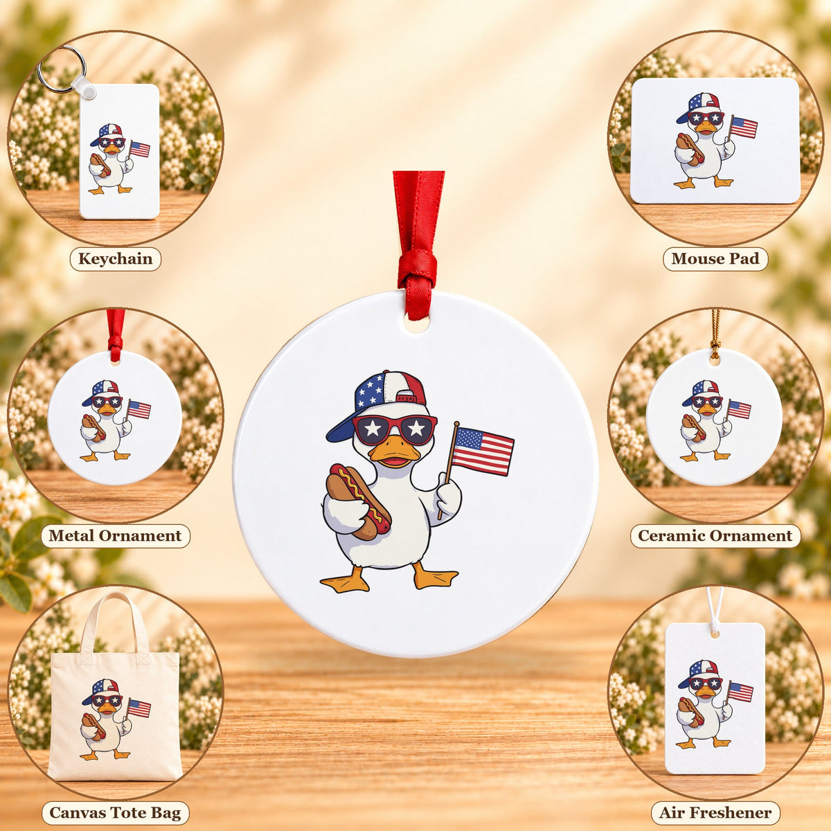 American Duck — keychain, mouse pad, metal ornament, ceramic ornament, canvas tote and unscented air freshener overview; sold individually