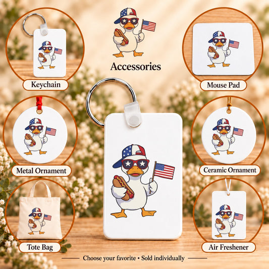 American Duck — keychain, mouse pad, metal ornament, ceramic ornament, canvas tote and unscented air freshener overview; sold individually