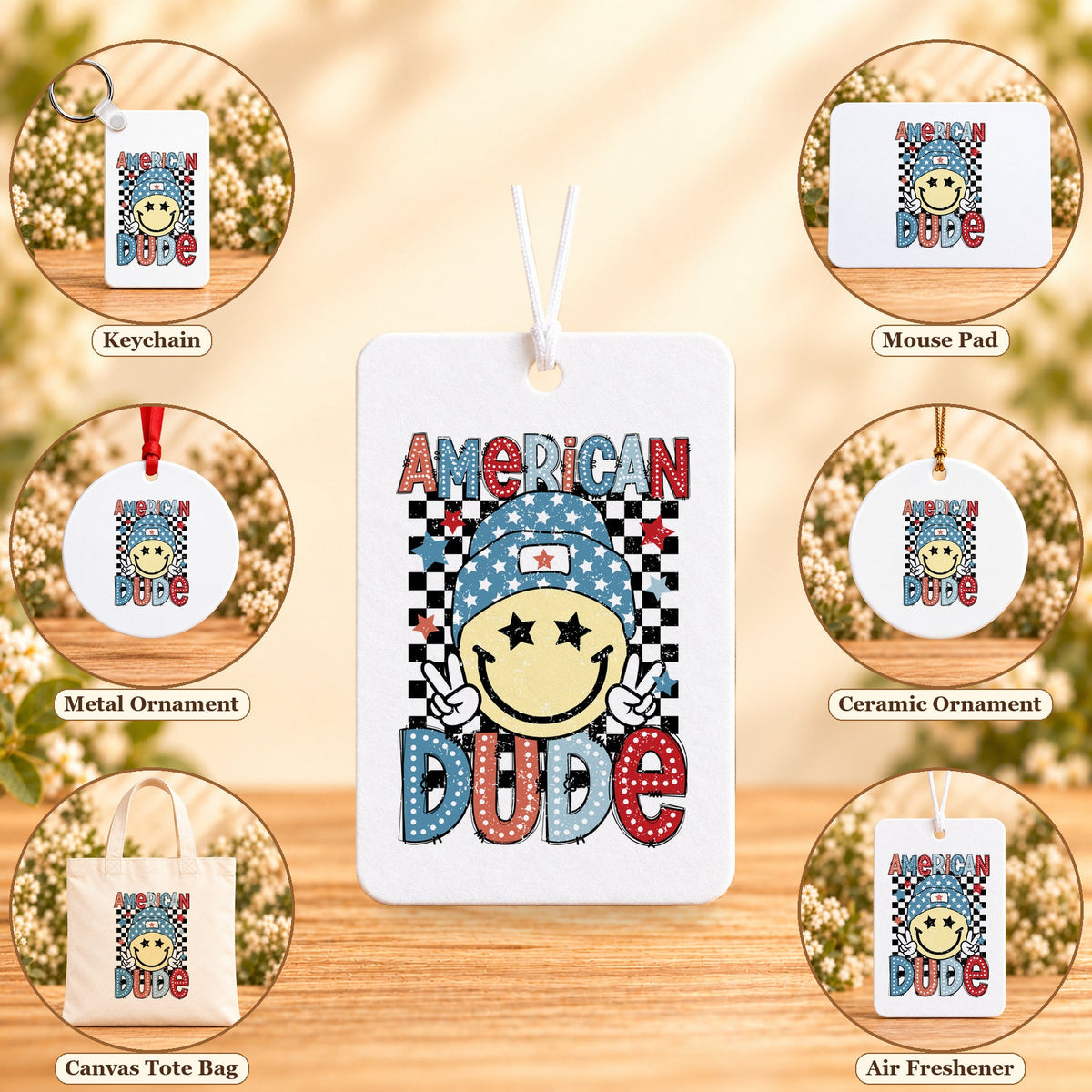 American Dude — keychain, mouse pad, metal ornament, ceramic ornament, canvas tote and unscented air freshener overview; sold individually