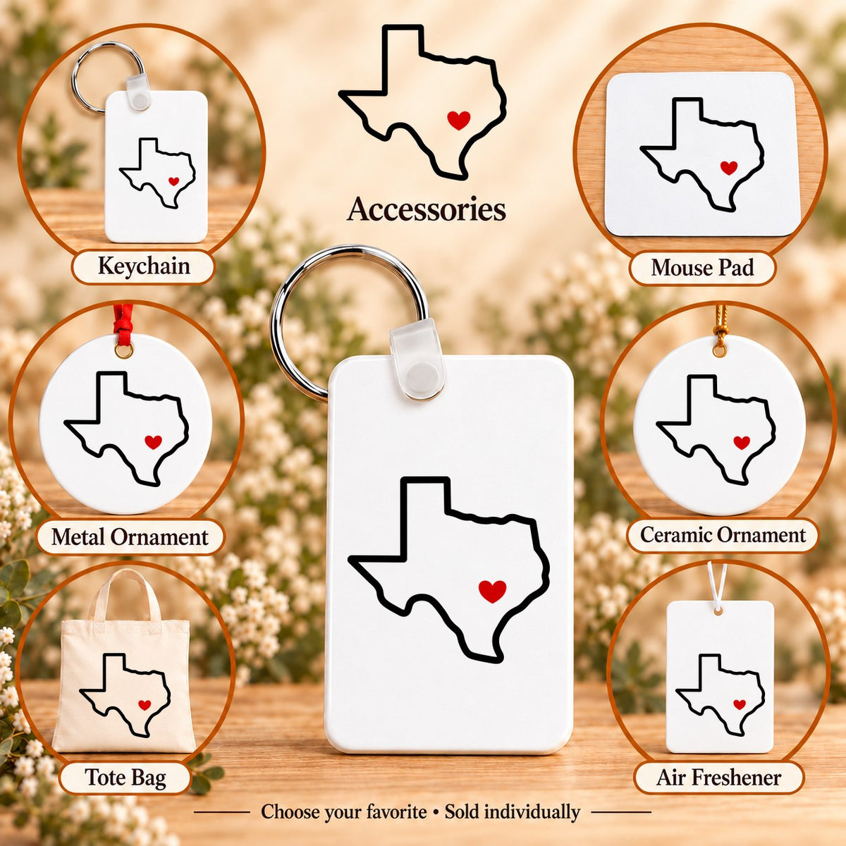 Austin Texas Home Heart — keychain, mouse pad, metal ornament, ceramic ornament, canvas tote and unscented air freshener overview; sold individually