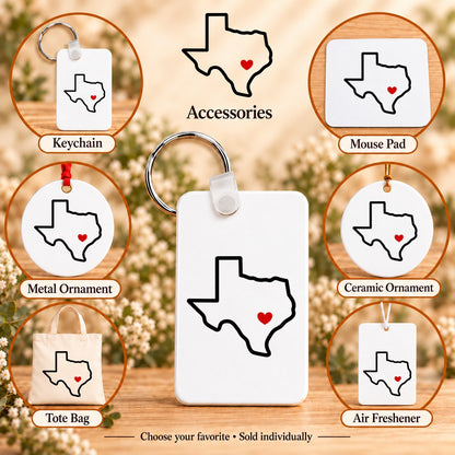 Austin Texas Home Heart — keychain, mouse pad, metal ornament, ceramic ornament, canvas tote and unscented air freshener overview; sold individually