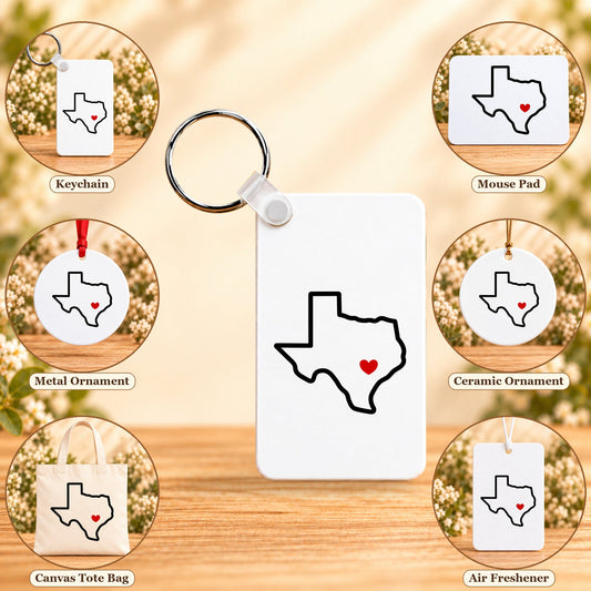 Austin Texas Home Heart — keychain, mouse pad, metal ornament, ceramic ornament, canvas tote and unscented air freshener overview; sold individually