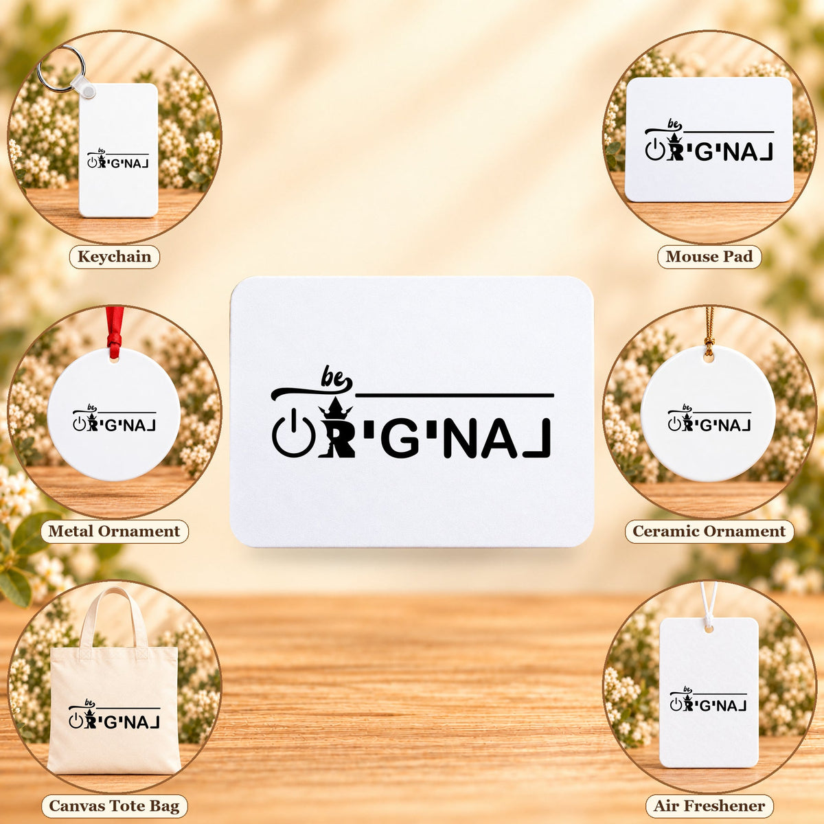 Be Original — keychain, mouse pad, metal ornament, ceramic ornament, canvas tote and unscented air freshener overview; sold individually