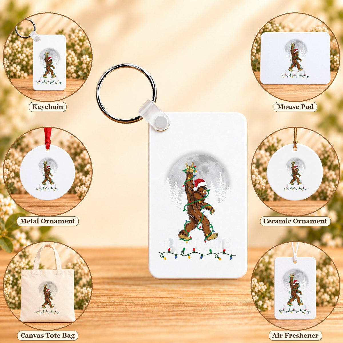 Believe Bigfoot Moon — keychain, mouse pad, metal ornament, ceramic ornament, canvas tote and unscented air freshener overview; sold individually