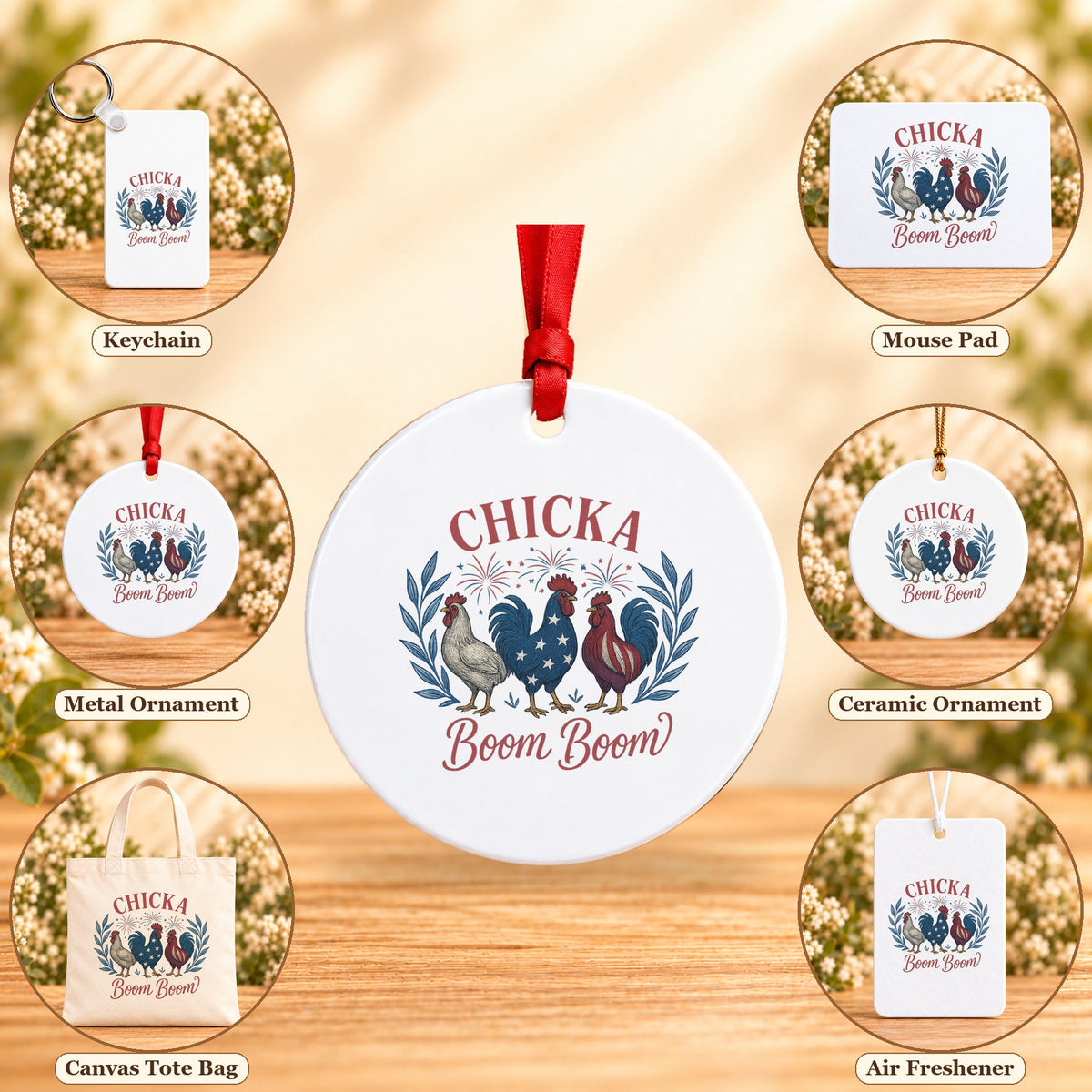 Chicka Boom Boom — keychain, mouse pad, metal ornament, ceramic ornament, canvas tote and unscented air freshener overview; sold individually