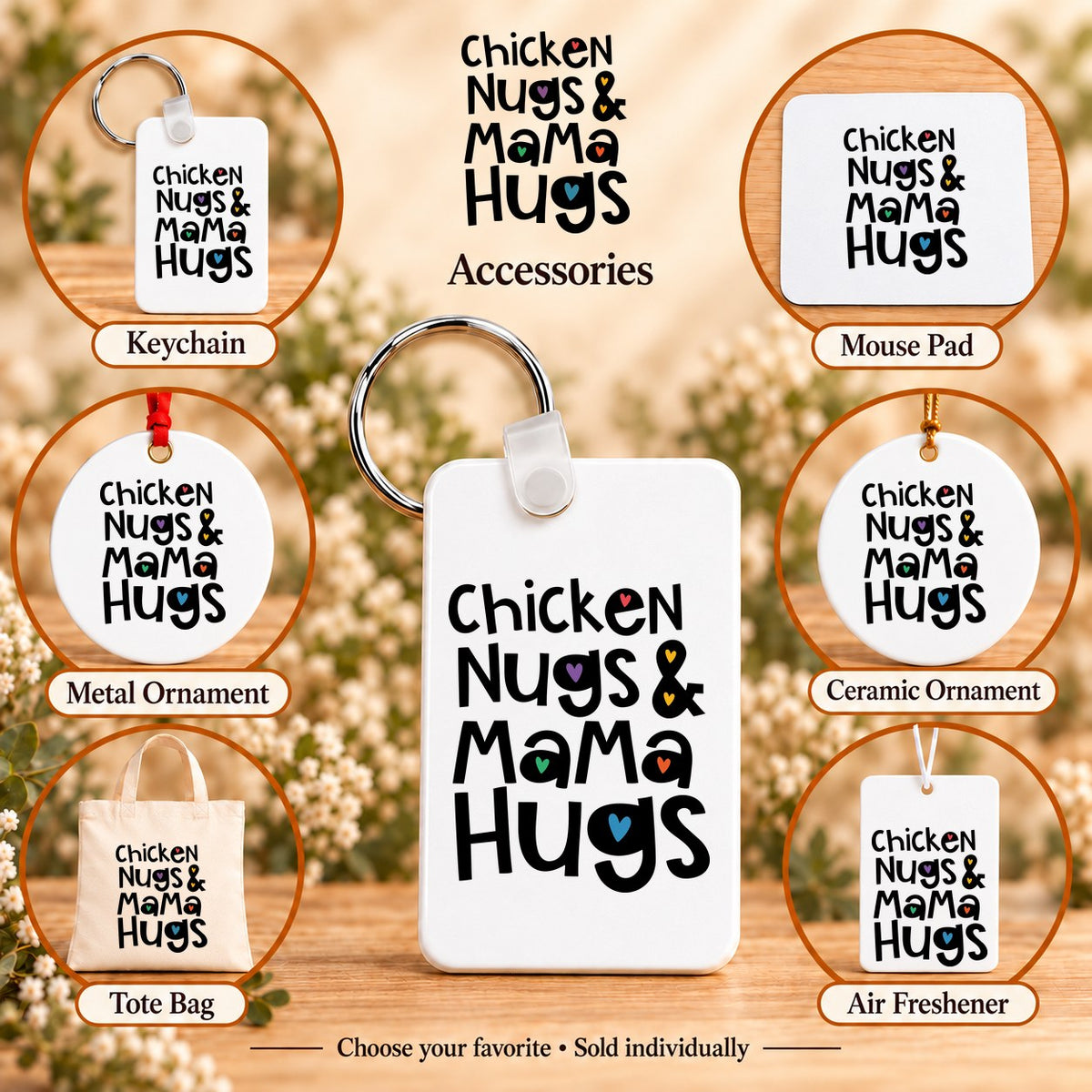Chicken Nugs & Mama Hugs — keychain, mouse pad, metal ornament, ceramic ornament, canvas tote and unscented air freshener overview; sold individually