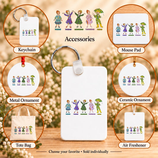 Days of the Week — keychain, mouse pad, metal ornament, ceramic ornament, canvas tote and unscented air freshener overview; sold individually