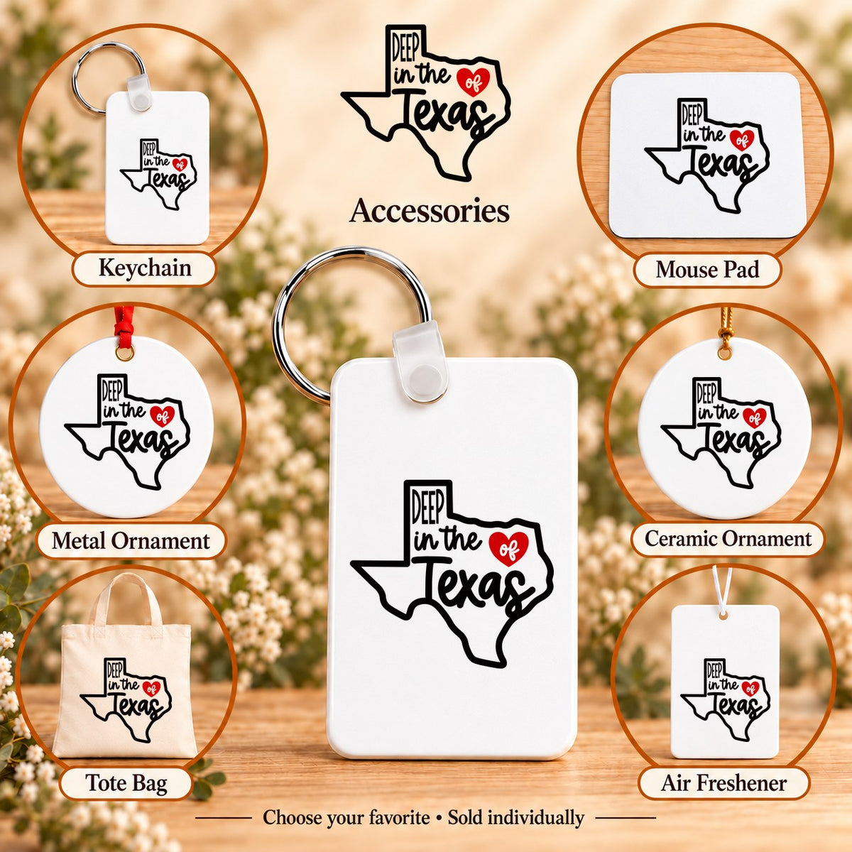 Deep in the Heart of Texas — keychain, mouse pad, metal ornament, ceramic ornament, canvas tote and unscented air freshener overview; sold individually