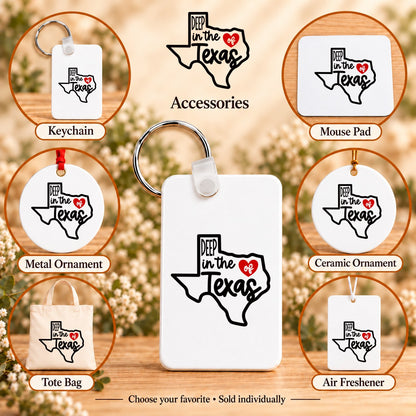 Deep in the Heart of Texas — keychain, mouse pad, metal ornament, ceramic ornament, canvas tote and unscented air freshener overview; sold individually