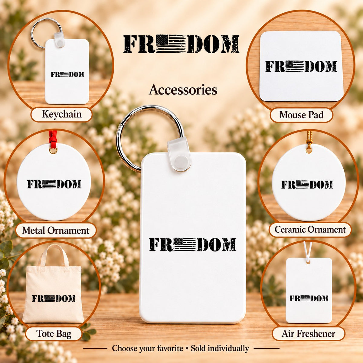 Freedom Flag — keychain, mouse pad, metal ornament, ceramic ornament, canvas tote and unscented air freshener overview; sold individually