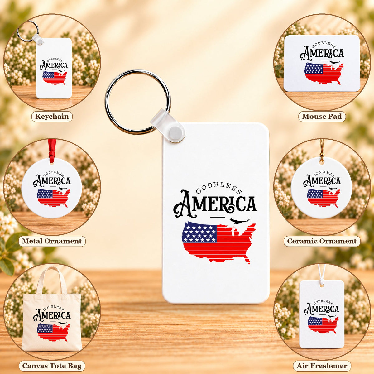 God Bless America Map — keychain, mouse pad, metal ornament, ceramic ornament, canvas tote and unscented air freshener overview; sold individually