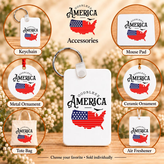 God Bless America Map — keychain, mouse pad, metal ornament, ceramic ornament, canvas tote and unscented air freshener overview; sold individually