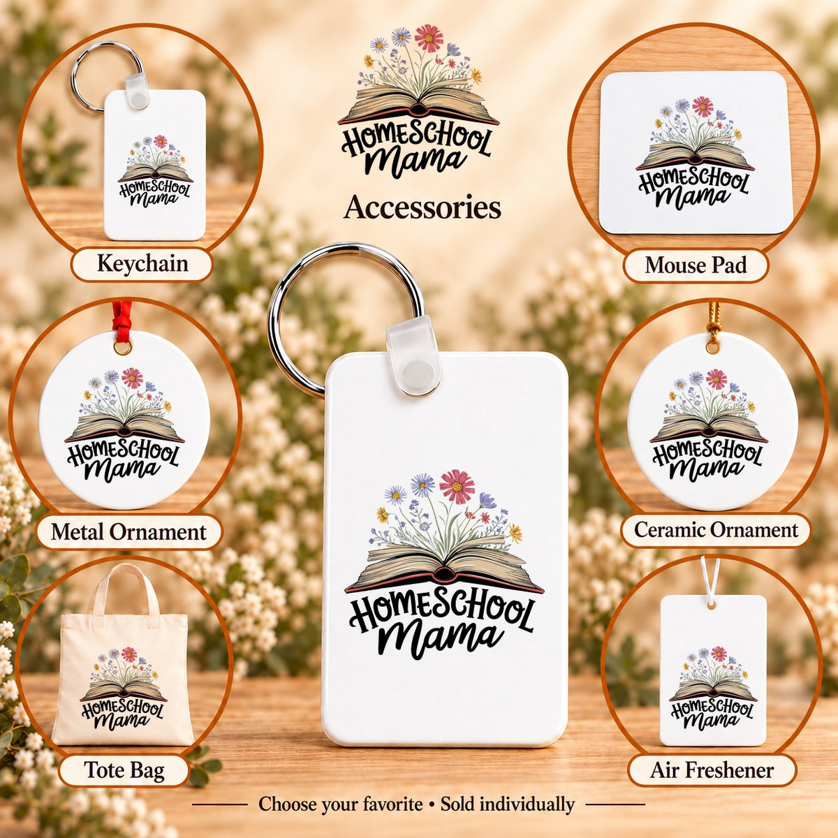 Homeschool Mama — keychain, mouse pad, metal ornament, ceramic ornament, canvas tote and unscented air freshener overview; sold individually