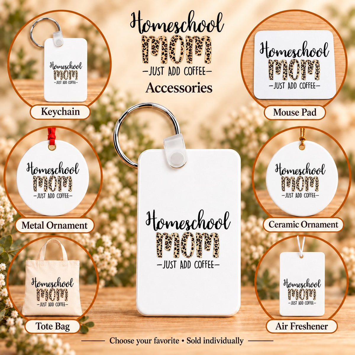 Homeschool Mom Just Add Coffee — keychain, mouse pad, metal ornament, ceramic ornament, canvas tote and unscented air freshener overview; sold individually