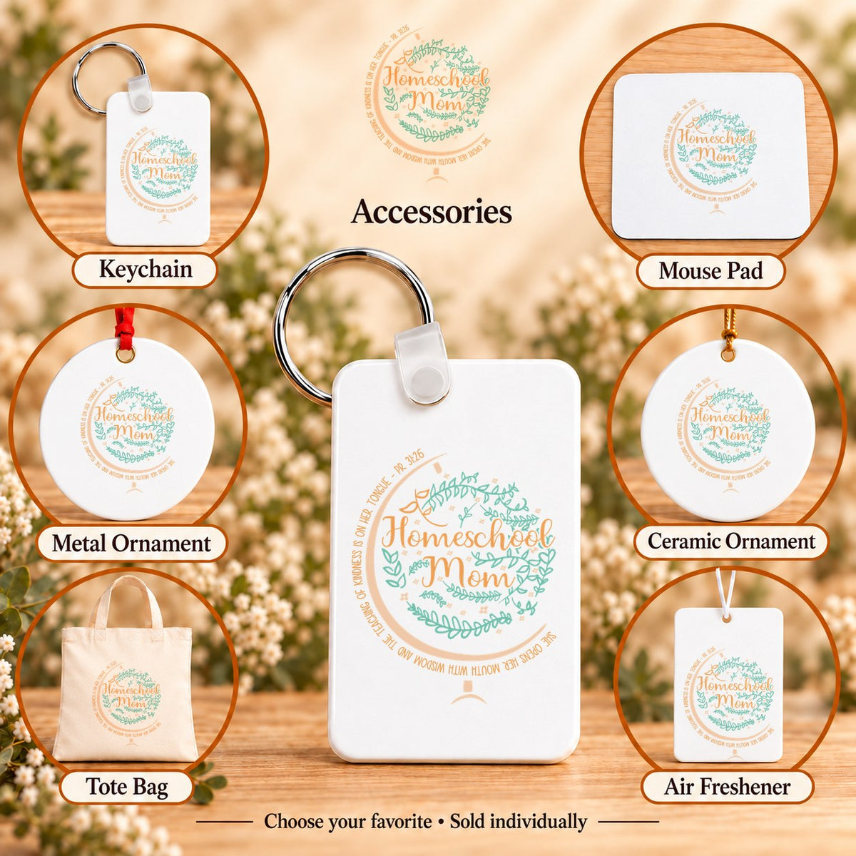 Homeschool Mom — keychain, mouse pad, metal ornament, ceramic ornament, canvas tote and unscented air freshener overview; sold individually