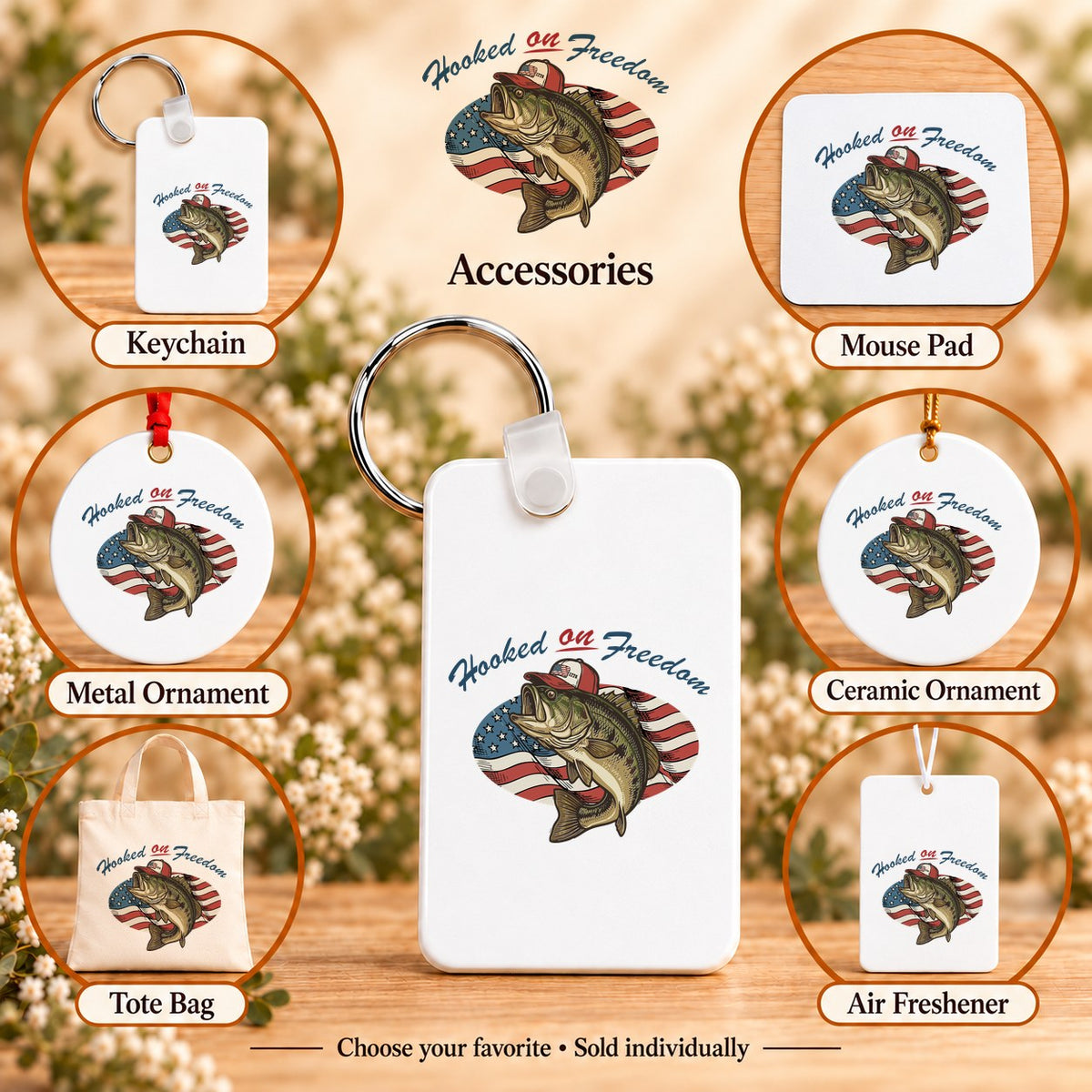 Hooked on Freedom — keychain, mouse pad, metal ornament, ceramic ornament, canvas tote and unscented air freshener overview; sold individually