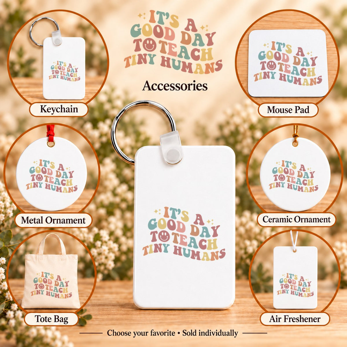 It’s a Good Day to Teach Tiny Humans — keychain, mouse pad, metal ornament, ceramic ornament, canvas tote and unscented air freshener overview; sold individually