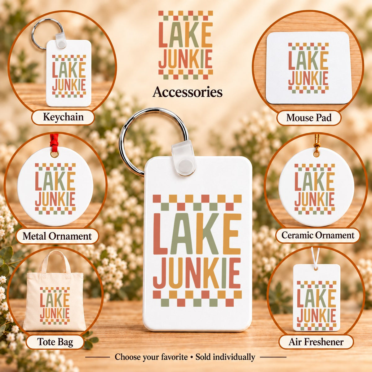 Lake Junkie — keychain, mouse pad, metal ornament, ceramic ornament, canvas tote and unscented air freshener overview; sold individually