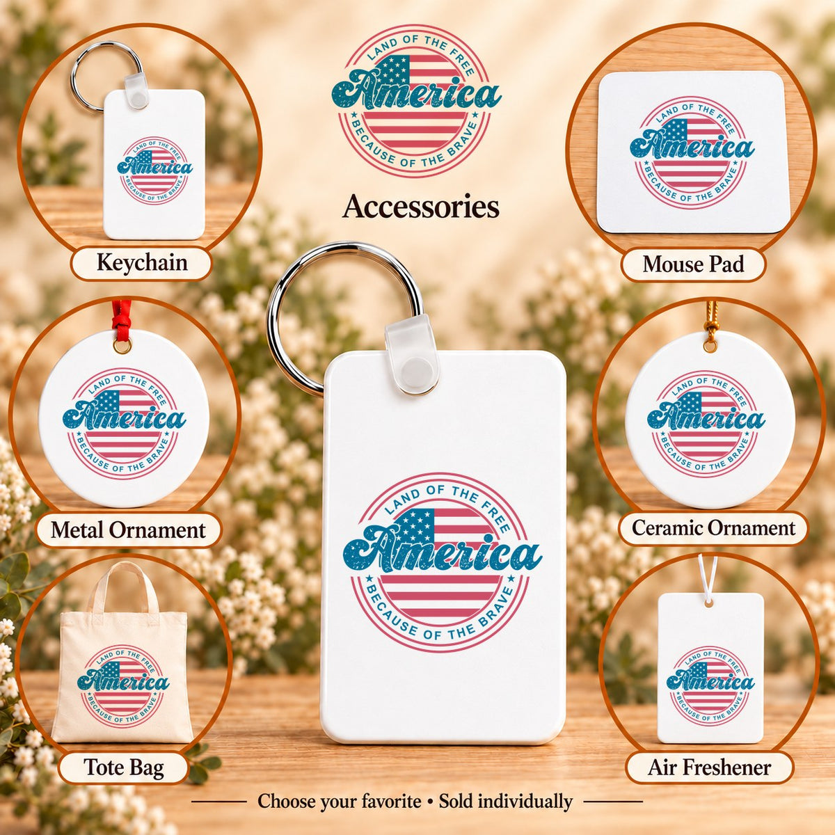 Land of the Free America — keychain, mouse pad, metal ornament, ceramic ornament, canvas tote and unscented air freshener overview; sold individually