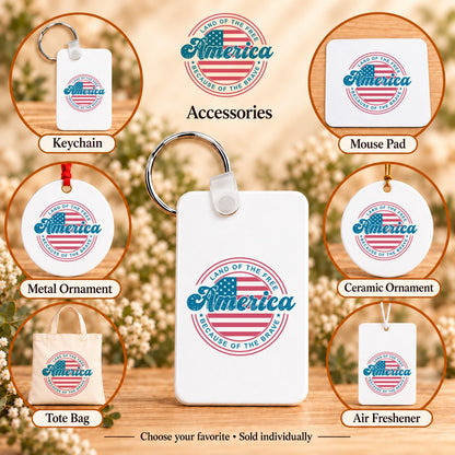 Land of the Free America — keychain, mouse pad, metal ornament, ceramic ornament, canvas tote and unscented air freshener overview; sold individually