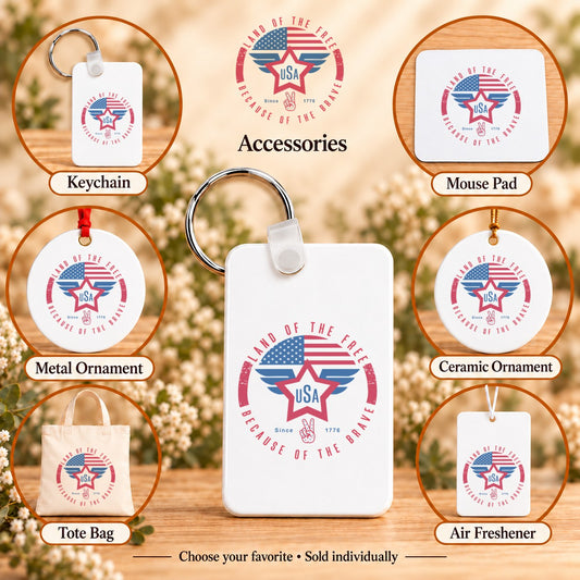 Land of the Free USA Wings — keychain, mouse pad, metal ornament, ceramic ornament, canvas tote and unscented air freshener overview; sold individually