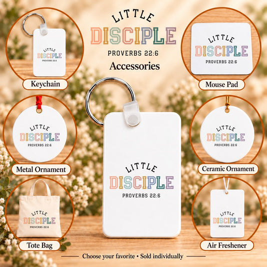 Little Disciple — keychain, mouse pad, metal ornament, ceramic ornament, canvas tote and unscented air freshener overview; sold individually