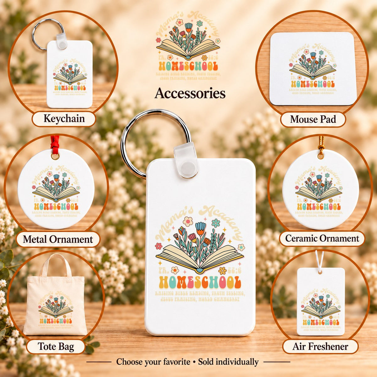 Mama’s Academy Homeschool — keychain, mouse pad, metal ornament, ceramic ornament, canvas tote and unscented air freshener overview; sold individually