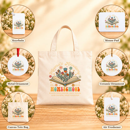 Mama’s Academy Homeschool — keychain, mouse pad, metal ornament, ceramic ornament, canvas tote and unscented air freshener overview; sold individually