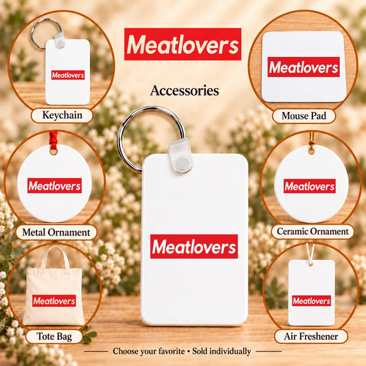 Meatlovers — keychain, mouse pad, metal ornament, ceramic ornament, canvas tote and unscented air freshener overview; sold individually