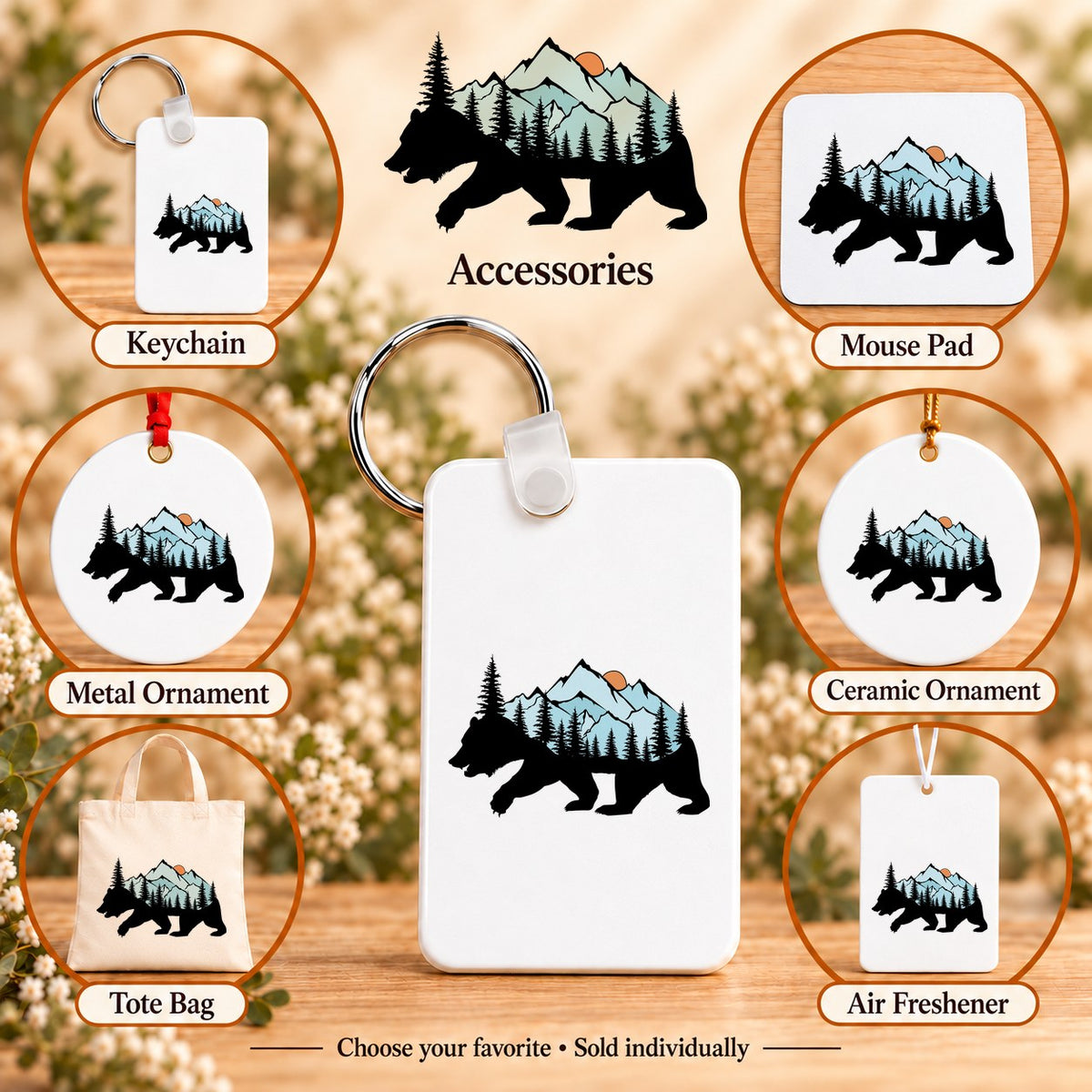 Mountain Bear — keychain, mouse pad, metal ornament, ceramic ornament, canvas tote and unscented air freshener overview; sold individually