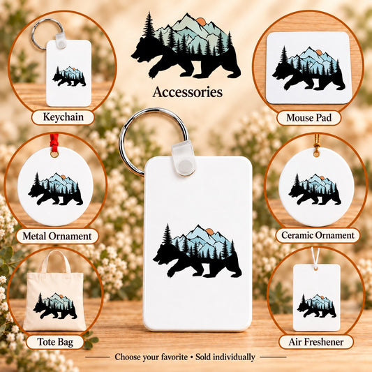 Mountain Bear — keychain, mouse pad, metal ornament, ceramic ornament, canvas tote and unscented air freshener overview; sold individually