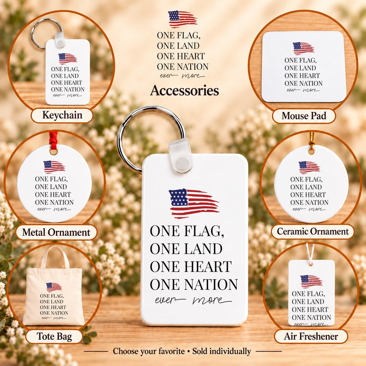 One Flag One Land One Heart One Nation — keychain, mouse pad, metal ornament, ceramic ornament, canvas tote and unscented air freshener overview; sold individually
