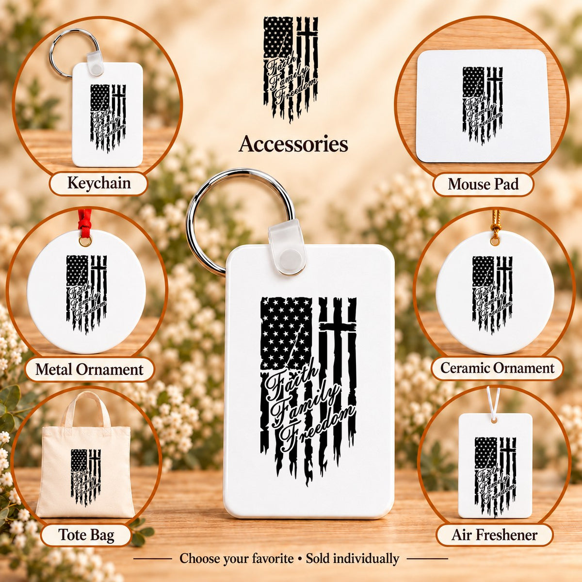One Nation Under God Faith Family Freedom — keychain, mouse pad, metal ornament, ceramic ornament, canvas tote and unscented air freshener overview; sold individually