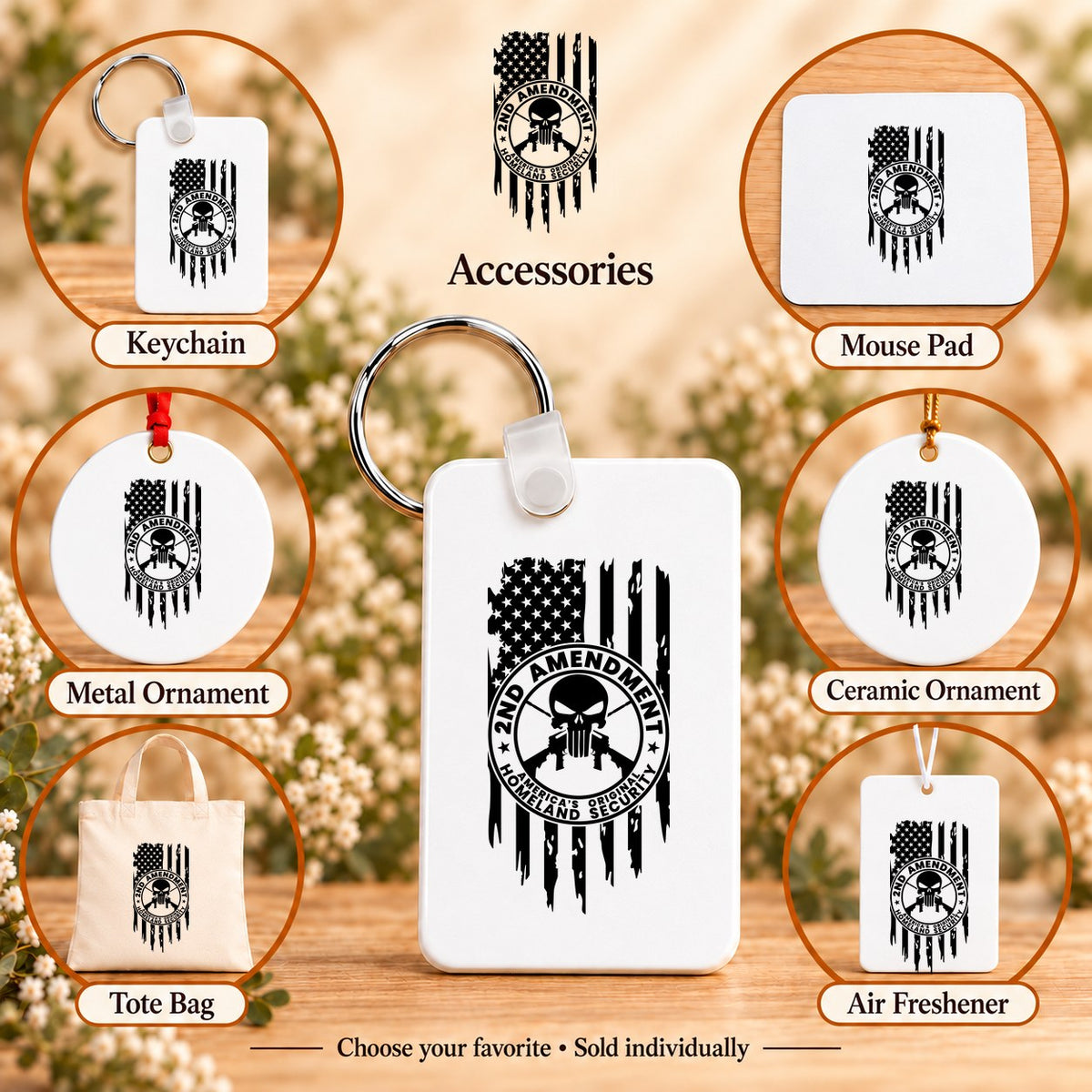 One Nation Under God Second Amendment — keychain, mouse pad, metal ornament, ceramic ornament, canvas tote and unscented air freshener overview; sold individually