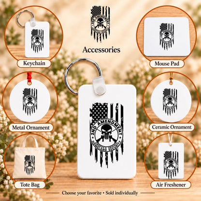 One Nation Under God Second Amendment — keychain, mouse pad, metal ornament, ceramic ornament, canvas tote and unscented air freshener overview; sold individually
