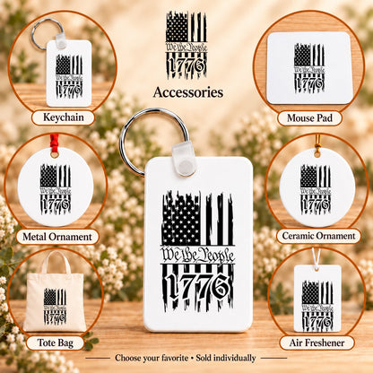 One Nation Under God We the People — keychain, mouse pad, metal ornament, ceramic ornament, canvas tote and unscented air freshener overview; sold individually